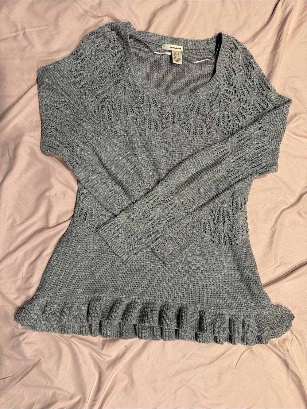 DKNY Gray Lace-Yoke Ruffle-Hem Scoop Neck Sweater